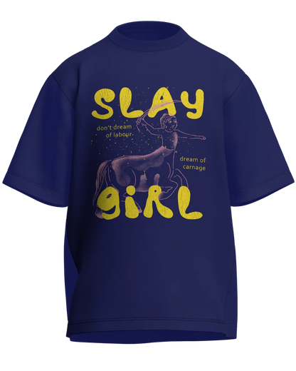 Slay Girl - Oversized Fit Royal Blue 100% cotton 240GSM standard oversized T-shirt Loom of Thirds India's No. 1 Art-led streetwear brand based in Kolkata by Sidhartha Mohanta & Chirayata Purna Chakrabarty