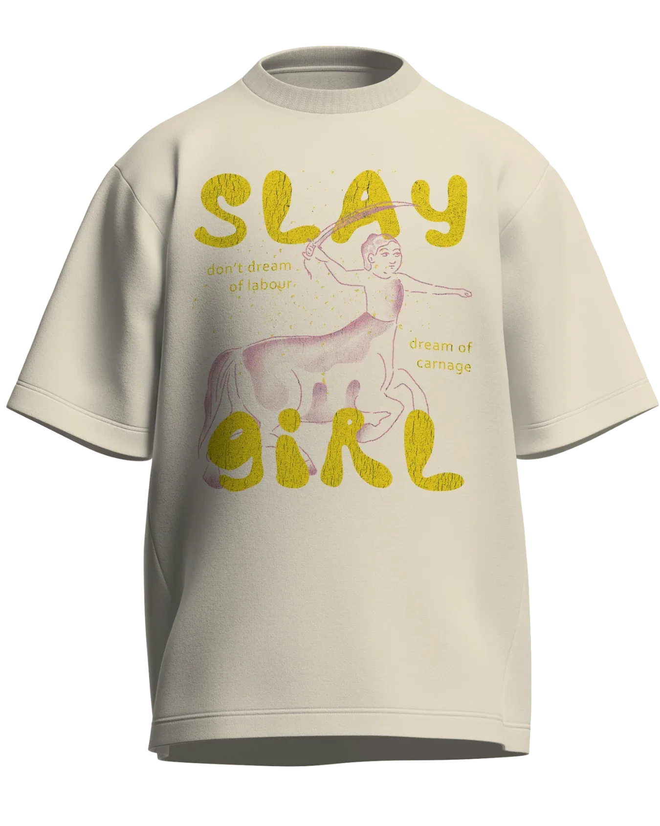 Slay Girl - Oversized Fit Off White 100% cotton 240GSM standard oversized T-shirt Loom of Thirds India's No. 1 Art-led streetwear brand based in Kolkata by Sidhartha Mohanta & Chirayata Purna Chakrabarty