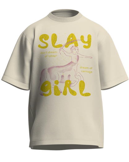 Slay Girl - Oversized Fit Off White 100% cotton 240GSM standard oversized T-shirt Loom of Thirds India's No. 1 Art-led streetwear brand based in Kolkata by Sidhartha Mohanta & Chirayata Purna Chakrabarty